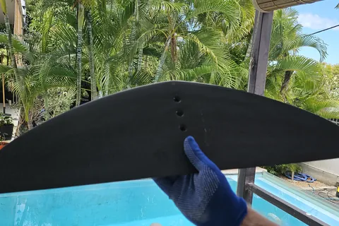 The repaired front wing held up against palm trees and a pool